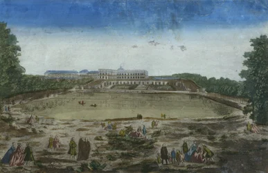 Udsigt over slottet og orangeriet set fra Piece deau des Suisses, Versailles, Frankrig