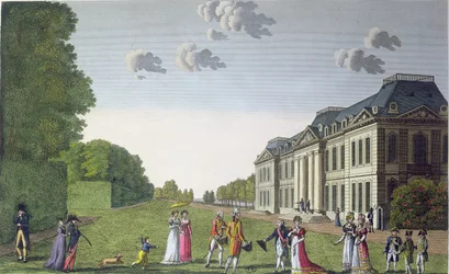 Udsigt over Chateau de Bellevue fra haven, ca. 1820 (farvegravering)