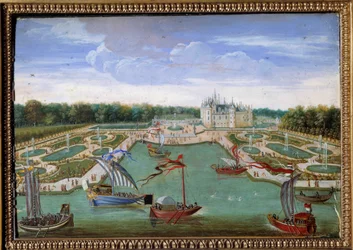 Udsigt over Chateau de Chantilly og sengene taget fra Vertugadin Anonymous maleri af Ecole francaise. Omkring 1680. Dim. 0,26x0,34 m. Chantilly, musee Conde - Udsigt over slottet Chantilly og parterrene fra Vertugadin. Anonymt maleri