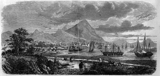 Udsigt over byen Hong Kong (Hong Kong) (Canton Bay Island) i 1857. Indgravering i "" Le Monde Illustré"" nr. 29 af 31. oktober 1857.
