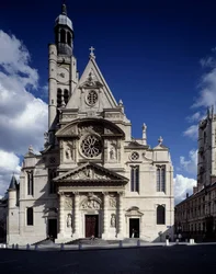 Udsigt over facaden af kirken Saint-Etienne du Mont, Place Sainte-Genevieve (Saint Etienne du mont) i Paris i 5. arrondissement (det samme som Leemage agentur).