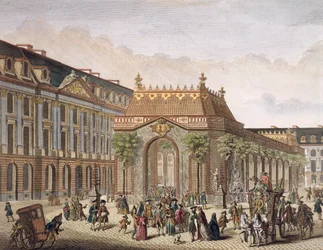 Udsigt over Place de Louis le Grand, med et af værelserne bygget i anledning af Monseigneur le Dauphins bryllup (detalje fra 101866) (farvegravering)