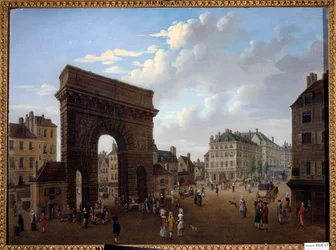 Udsigt over Porte Saint Martin i Paris Maleri af den franske skole i det 18. århundrede. Privat samling