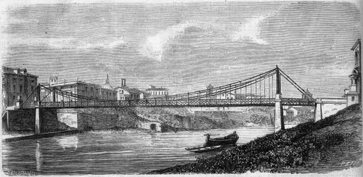 Udsigt over Saint John-broen ved Tiberfloden (Tevere) i Italien, indviet i 1863. Denne stålbro er designet af Alphonse Oudry (1819-1869). Indgravering i "" Le Monde Illustré"" nr. 349 af 19. december 1863.