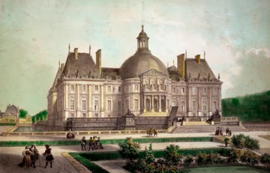 Udsigt over slottet Vaux le Vicomte (Vaux-le-Vicomte) i Maincy (Seine-et-Marne), bygget omkring 1658. Tryk af det 19. århundredes privatsamling
