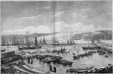 Udsigt over byen og havnen i Algier (Algeriet), under ankomsten af Napoleon III og imponeren Eugenie de Montijo, 17. september