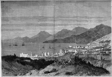 Udsigt over byen Beirut i 1860. Indgravering i "The Illustrous World"" nr. 172 af 28. juli 1860.