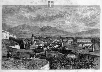Udsigt over byen Chambery i Savoyen. Indgravering fra 1880 i "La republique illustree"" privatsamling.