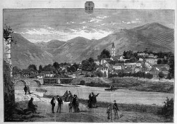 Udsigt over byen Digne i de nedre alper (nedre alper). Indgravering fra 1880 i "La republique illustree"" privatsamling.