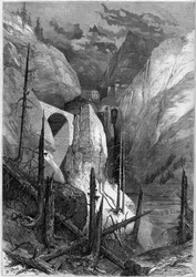 Udsigt over uren og fortet Finstermunz (1471). Tyrol, Schweiz