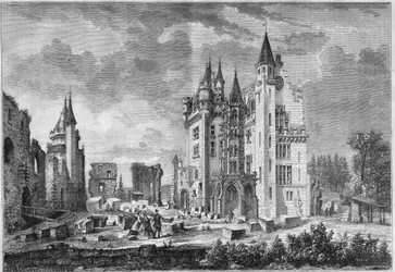 Udsigt over restaureringsarbejdet af Chateau de Pierrefonds, organiseret af Eugene Viollet le Duc (Viollet-le-Duc), under besøget af Napoleon III og imponeren Eugenie de Montijo. Oise (60)