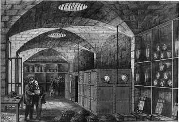 Udsigt til opstramningen, placeret i Louvres kældre, hvor sølvet bestemt til Tyskland opbevares. Frankrig måtte betale erstatning for sit nederlag under krigen i 1870. Paris