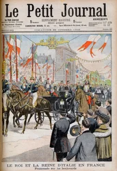 Besøg af Italiens konge og dronning i Frankrig. Kongen og Dronningen af Italien i Frankrig. Promenade på boulevarderne med Le President of the French Republic Emile Loubet - Illustration til Le petit Journal, 25. oktober 1903 - Victor Emmanuel III (Victor-