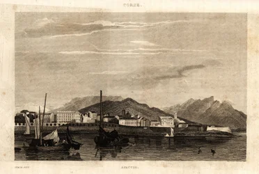Udsigt over Ajaccio, Korsika, gravering fra 1836.