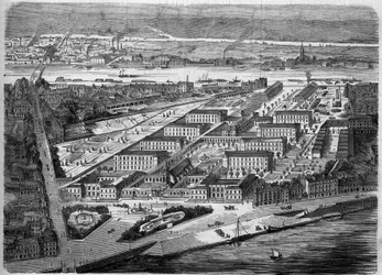Udvendigt billede af Hotel Dieu (Hotel-Dieu) i Nantes, indviet i 1863. Dette hospital blev næsten fuldstændig ødelagt under et bombardement i 1943. Loire Atlantique (44). Indgravering i ""Le Monde Illustre"" nr. 347 af 5. december 1863.