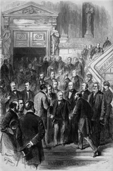 Krigen i 1870: Ministerrådets præsident Adolphe Thiers (1797-1877) modtog de deputeredes lykønskninger, da han forlod Nationalforsamlingen, som var genforenet i Bordeaux den 19. februar 1871. Han havde netop fået sin regerings mandat. Stik i »Le Mo«