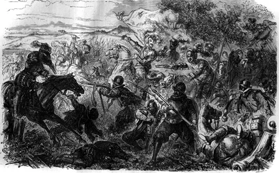 De tre Henrikers krig (1585-1586): Efter Ligaens og dens leder Henrik af Guises ideer indgik Henrik 3. Nemours-traktaten, underskrevet den 7. juli