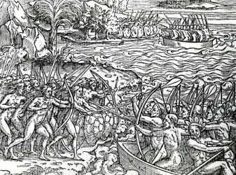 Krigsscene, Brasilien, illustration fra "Singularities of France Antarctique", af Andre de Thevet, 1558