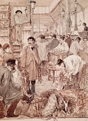 Vildtauktion i Les Halles, illustration, Paris, Frankrig