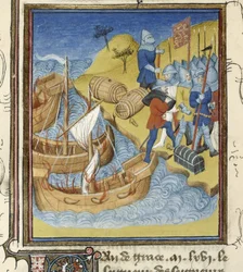 William I lander med sin hær og udstyr i England (miniature)