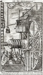 Spil til at få vand fra en mine, illustration fra De Re Metallica af Georg Bauer (1494-1566) kendt som Agricola, 1561