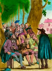 Vindpolitikere læser "Gazette" under Krakow-træet i Luxembourgs have i slutningen af Ancien Regime i Paris. Gravering fra det 18. århundrede. Privat samling
