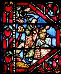 Vindue, der forestiller Abraham, der er ved at ofre Isak