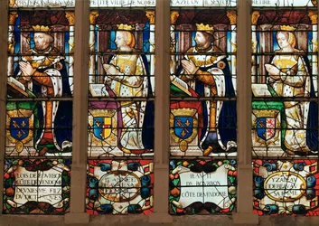 Vindue, der forestiller Louis de Bourbon (1376-1446) Comte de Vendome, Jeanne de Laval (d.1468) Jean II de Bourbon (1446-77) Comte de Vendome abd Isabelle de Beauvau (d.1474)