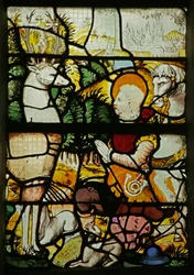 Vindue, der viser Saint Eustache (som Placidus), der møder hjorten (farvet glas)