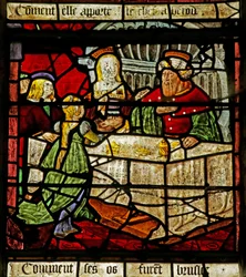 Vindue, der viser Johannes Døberen og Herodes, der modtager hans hoved (farvet glas)