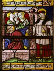 Vindue, der forestiller Sankt Nikolaus, der efterlader penge til faren til tre piger for at undgå, at de går i prostitution (farvet glas)