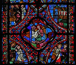 Vindue, der afbilder anden sektion af St James-vinduet, w5: i midten ses Passionens søm; Filetus er omvendt; Hermogenes med St James; en kirke; St James med 2 mænd nn (plettet g