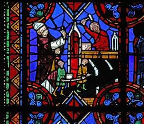 Vindue w06, der viser opførelsen af en kirke