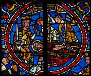 Vindue w121, der viser St. Vincents martyrium på grillen