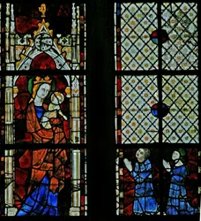Vindue w125 forestillende Jomfru Maria; to donorer
