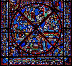 Vindue w15, der viser historien om St. Stephens relikvier: den nederste del af vinduet