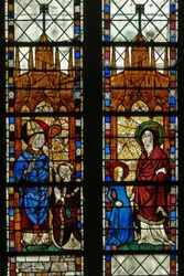 Vindue w17, der viser Skt. Nicholas og donoren Oudin de Troyes; Sankt Anne og Jomfru Maria