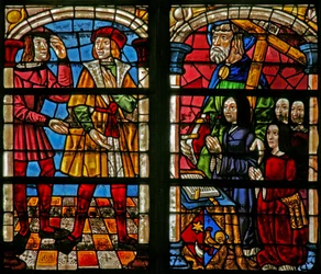 Vindue w232, der viser en scene fra historien om den fortabte søn: den ældre brors vrede; donorer hustru, døtre, St Simon