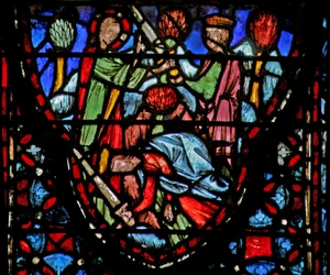 Window w4 Guds soldat dukker op for Joshua, som falder til jorden. Josh V 13-16