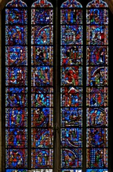 Vindue w53, der viser scener fra Sankt Katarinas, Sankt Nikolaus, Sankt Johannes Døberens, Sankt Stephens liv