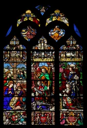 Vindue w6, der forestiller Fødselen med Hyrder; donorer Gaspard de Coligny og hustru og skytshelgener