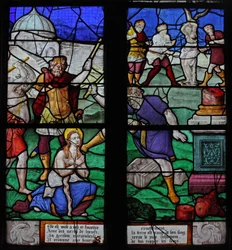 Vindue w7 forestiller en scene fra Sankt Barbaras liv (glasmaleri)