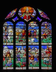 Vindue w7, der viser scener fra St Barbaras liv