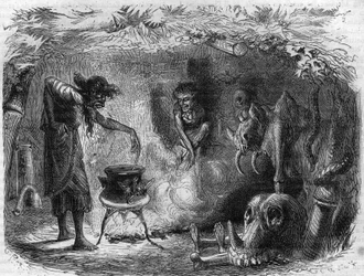 Hekseri praksis: heks omkring en kedel, der laver trylledrikke og sortileges. Indgravering i "Histoire des Papes-Rois-Queen and Empereurs a travers les centuries"" af Maurice Lachatre