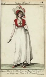 Kvinde i Lisbeth-hat i mode fra 1798 (håndfarvet kobberstik)
