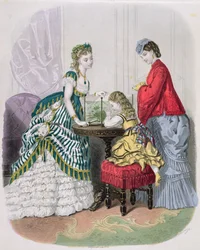 Kvinder og et barn ser på et akvarium, fra La Mode Illustrée, ca. 1870