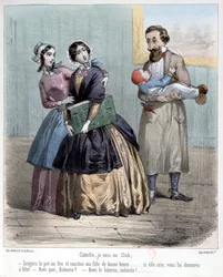 Kvinder, der forlader deres mænd for at passe børn, mens de går i deres klub, 1848