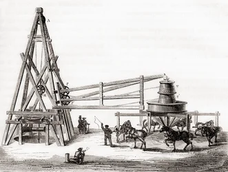 Arbejdere, der brugte karrusellen og spillet til at bore de artesiske brønde ved Grenelle, Frankrig i det 19. århundrede, fra 