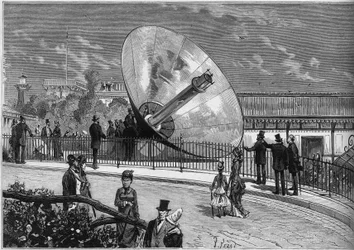 Verdensudstilling 1878 i Paris: solovn opfundet af Augustin Mouchot (1823-1912). Indgravering i "" Le Monde Illustré"" nr. 1125 af 19. oktober 1878.