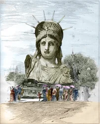 Verdensudstilling 1878 i Paris: lederen af Frihedsgudinden af Frederic Auguste Bartholdi (1834-1904). Indgravering af Edgard Morin i ""The Illustrous World"" nr. 1111 af 13. juli 1878.